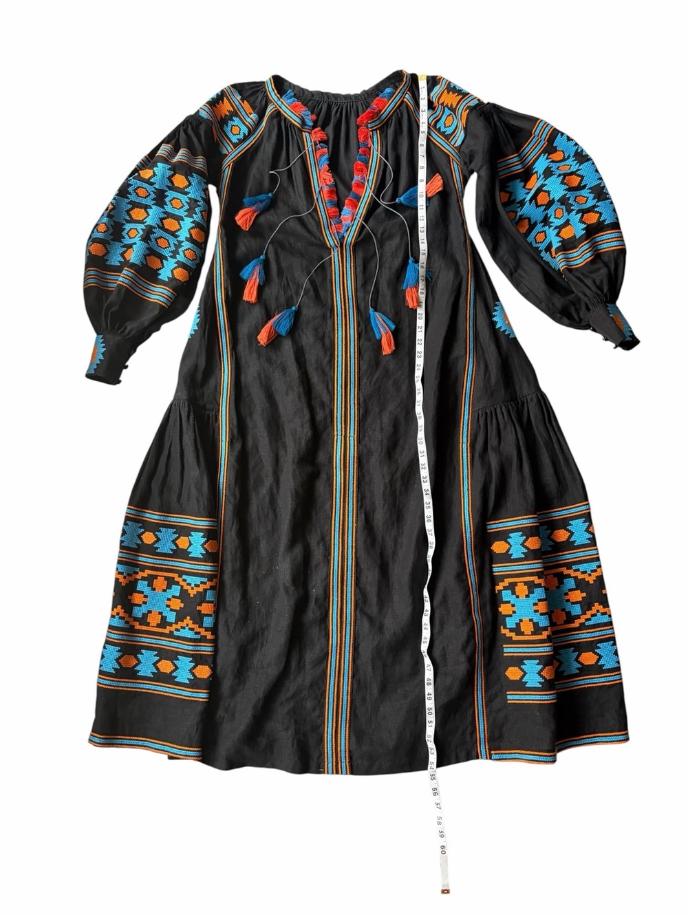 100% Linen Vyshyvanka Embroidered Tassel Gown Dress - Picture 10 of 11